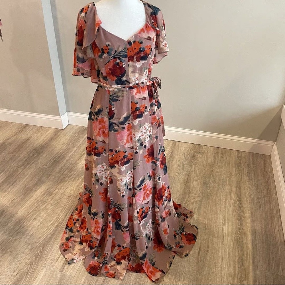Eliza J Orange and Red Flutter Sleeve Maxi Dress